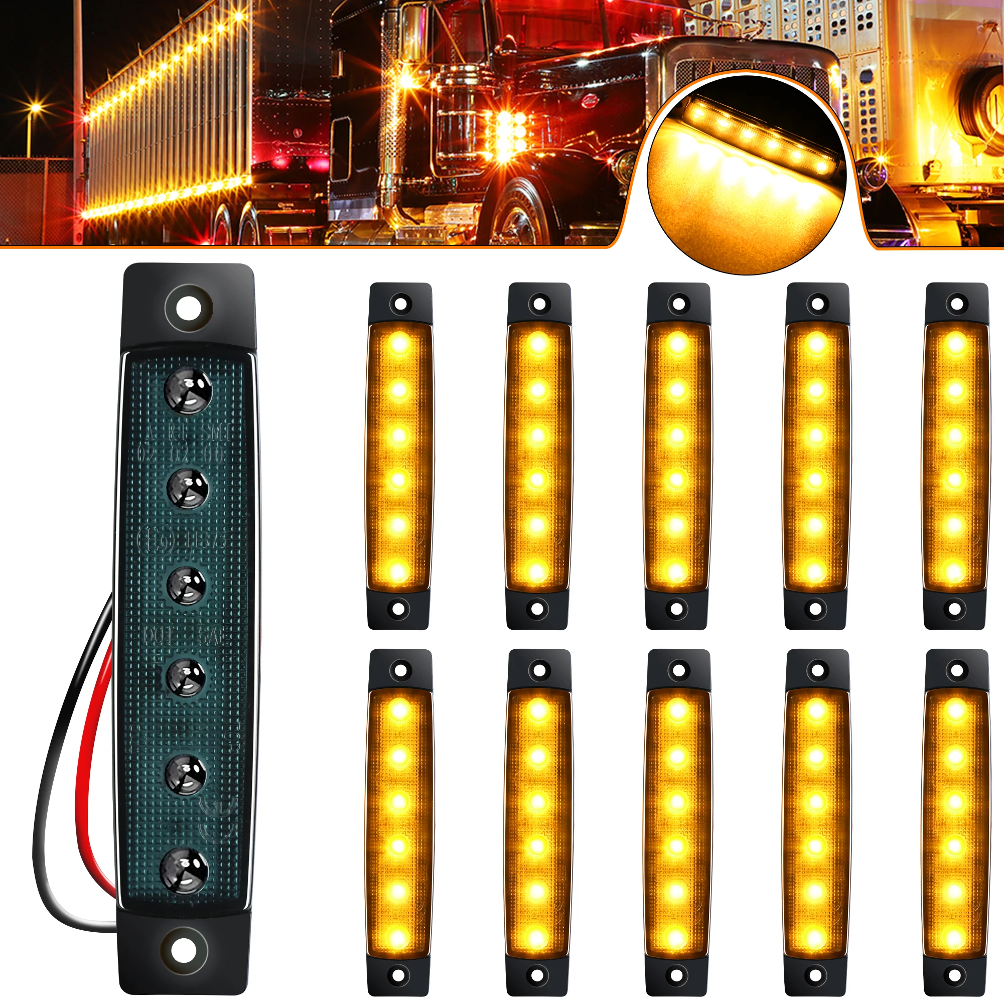 

10PCS 3.8" Smoked LED Side Marker Light Indicator Lights Clearance Lamp 6 LED for Trailer Truck Boat Pickup Bus RV Lorries 12V