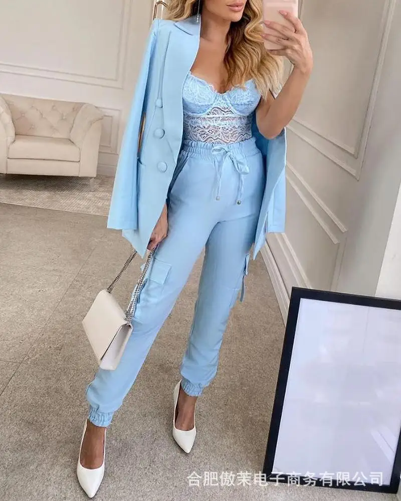 

Casual Blue Button Suit Jacket & Pocket Design Pants Suit 2022 Spring Fashion New Commuter Autumn Woman 2 Pieces Sets