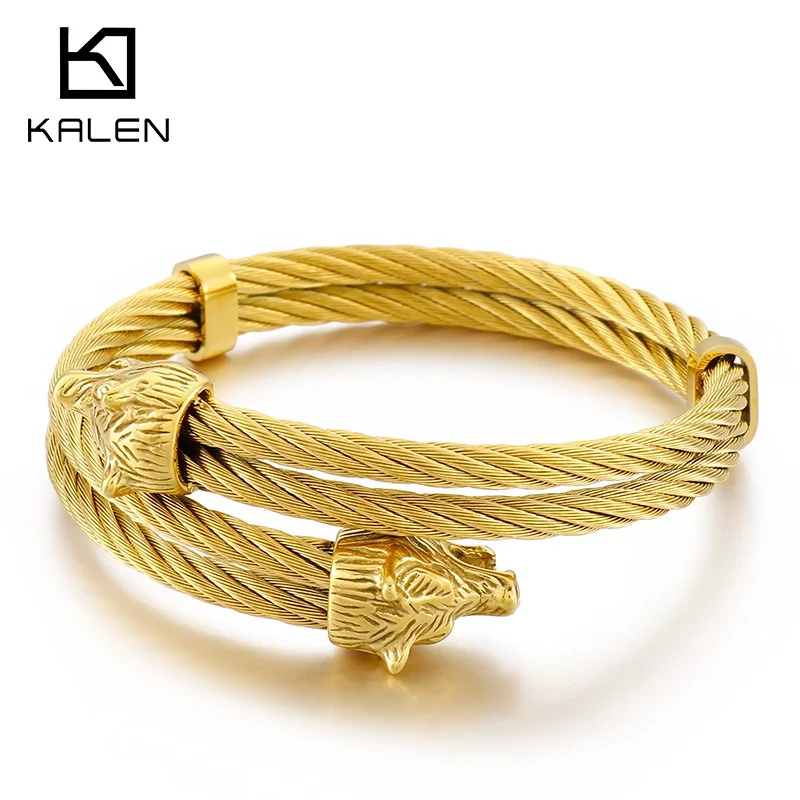 

Kalen Domineering Double Wolf Head Web chain Bangle Adjustable Bracelet For Men Punk 316L Stainless Steel Fashion Party Jewelry