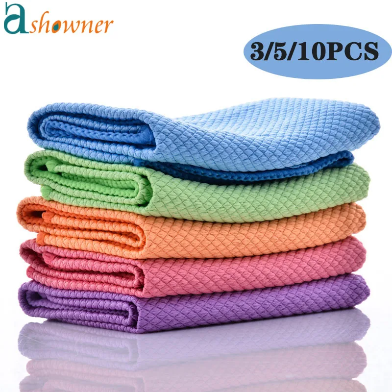 

3/5/10pcs Fish Scale Wipe Cloth Kitchen Cleaning Towel Anti-Grease Wiping Rags Glass Cleaning Cloth Window Car Dish Towel Rags