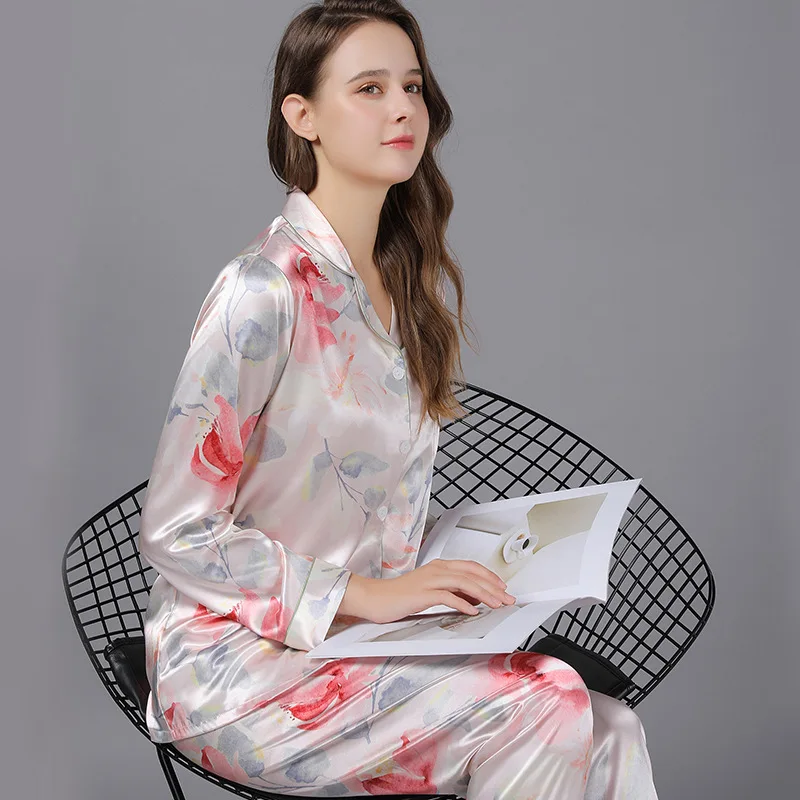 New Ice Silk Pajamas for Women Long Sleeve Thin Section Night Wears Two-piece Set Elegant Luxury Women Pajama Sets Free Shipping