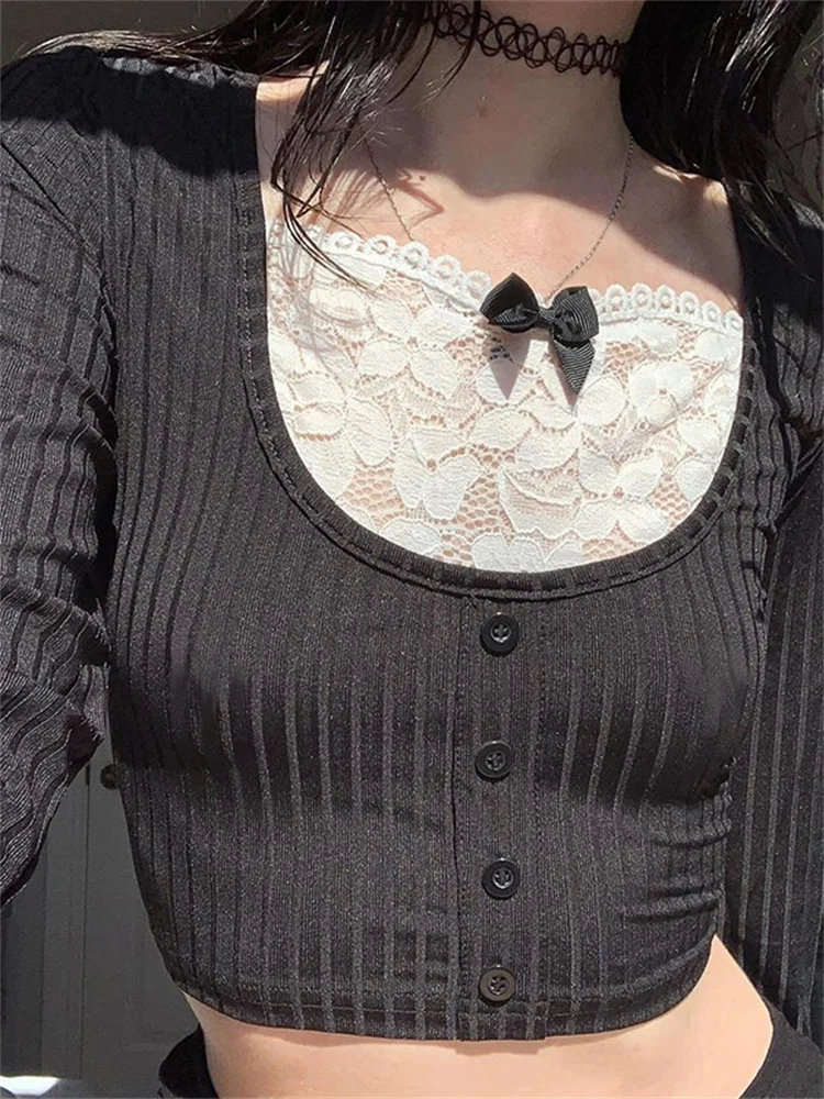 

Винтажные эстетичные милые футболки в стиле 90-х Y2K, облегающие кроп-топы с волнистым кружевом и пэчворком, трикотажные футболки в рубчик с длинным рукавом