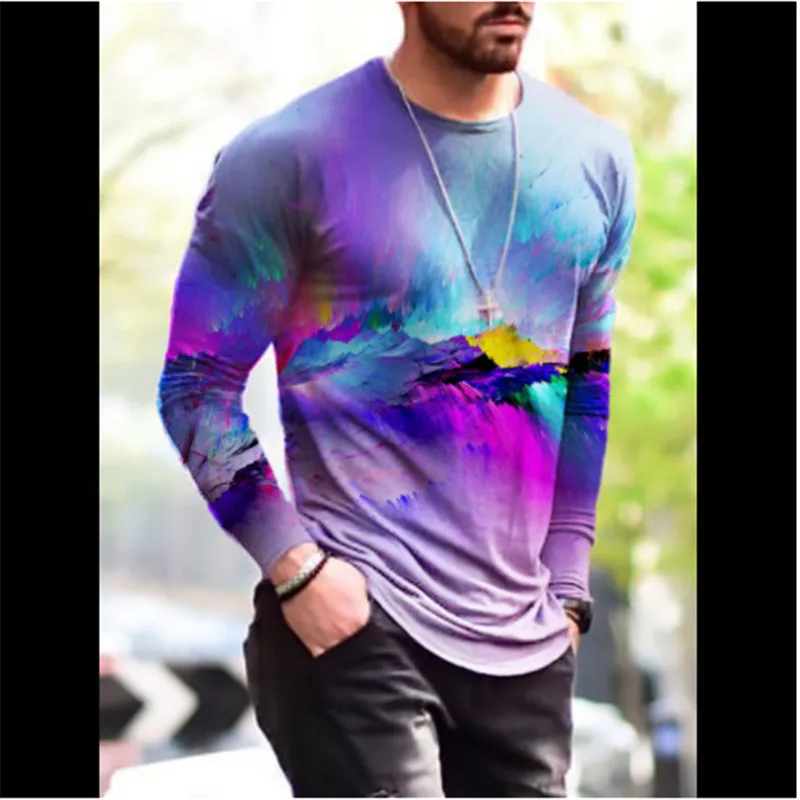 

3D Tie-dye Printed Street Men's T-Shirts Gradient Pattern Long Sleeve Round-Neck Oversized Tops Autumn Loose Casual Big Size Tee