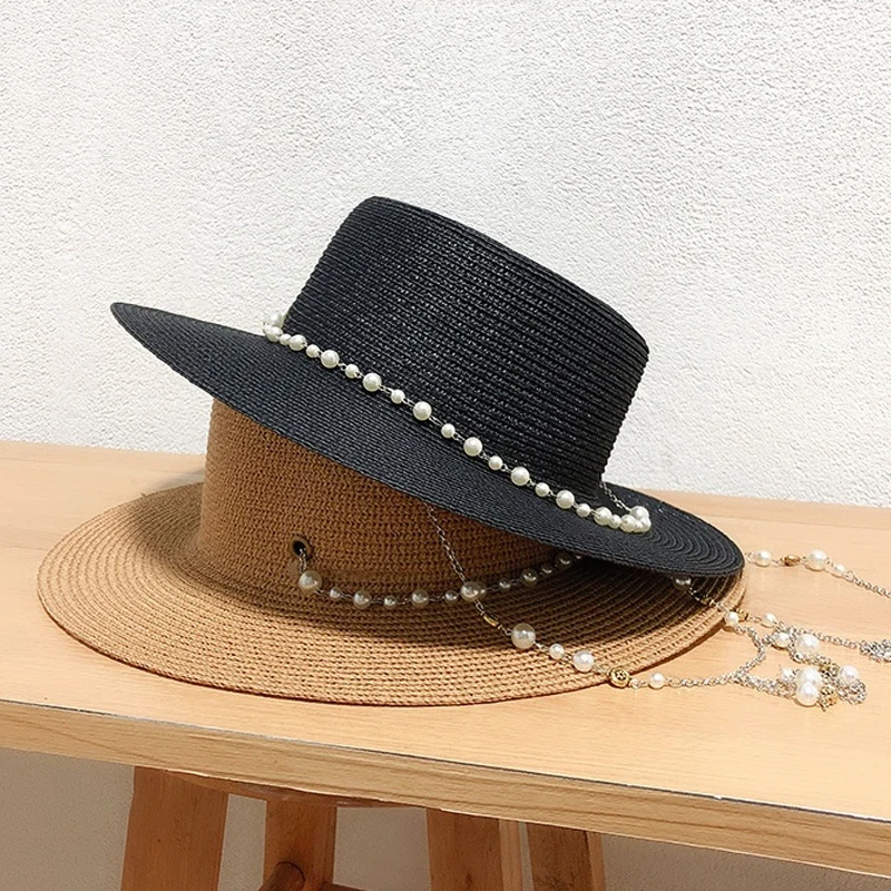 

2023 Designer Chain Necklace Sun Hats With Pearl For Women Summer Foldable Beach Hats Ladies Fashion Party Straw Hat Wholesale