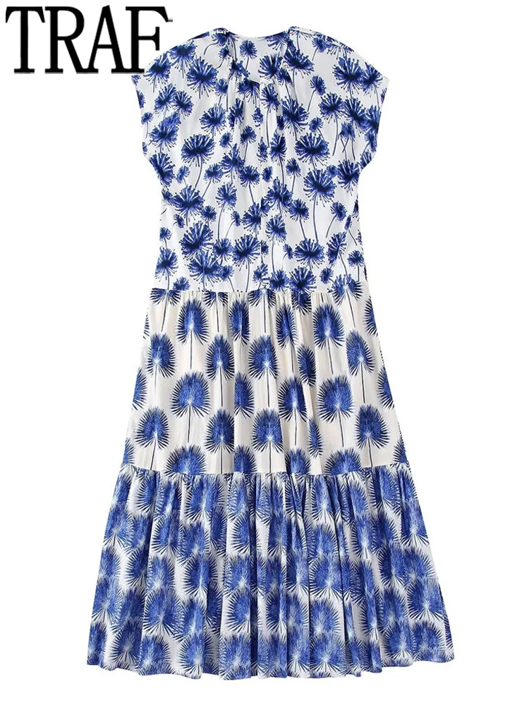 

TRAF Print Ruffle Long Dress Woman Blue Short Sleeve Women's Summer Dress 2022 Loose Casual Dresses For Women Midi Dresses