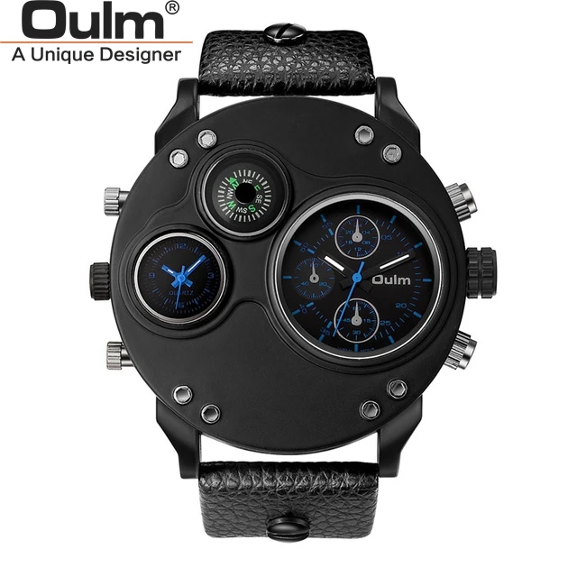 

OULM 3741 Sports Watch Men Quartz 2 Time Zone Leather Army Military Compass Decoration Black Big Case Top Brand Men Wristwatches