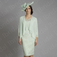 charming mint short mother of the bride dresses with shawl mother dresses knee length lace wedding party gowns 34 sleeves