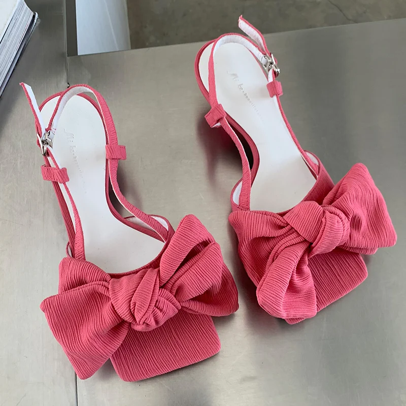 

Women Pumps Butterfly-knot Ladies Thin High Heels Shoe Rose Red Sandals 2022 Heels Square Toe High-Heeled Female Shoes For Women