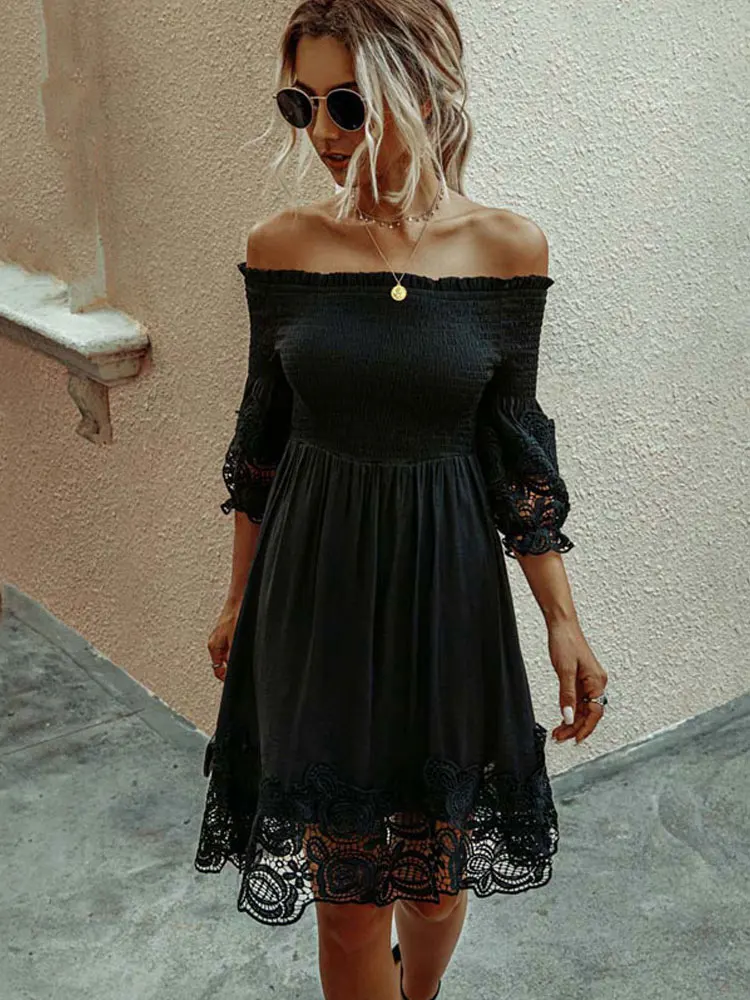 

2022 Off Shoulder Women Elegant Dress Autumn Ruched White Black Lace Dress Midi A Line Backless Party Dresses Ladies
