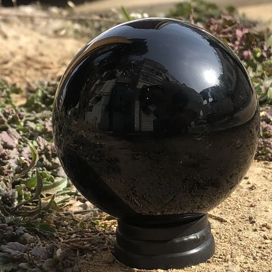 

4-10mm Stand Natural Black Obsidian Ball Large Crystal Ball Healing Stone + Base Furniture Gift