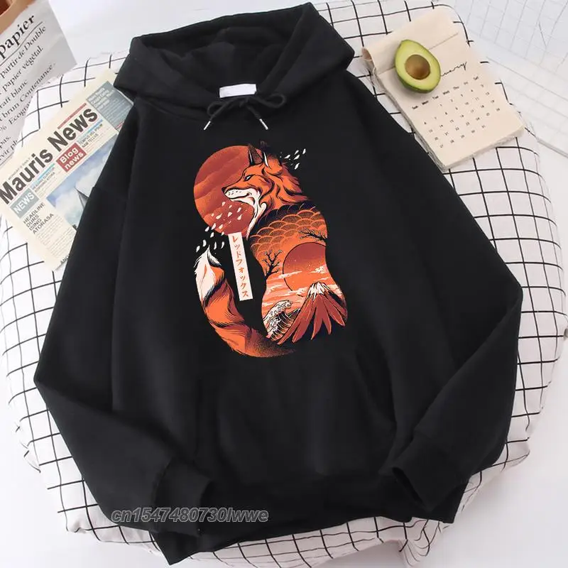 

Japanese Style Cool Fox Retro Printing Men's Hoodies Thick Comfortable Sportwear Loose Vintage Coldproof Males Hoody