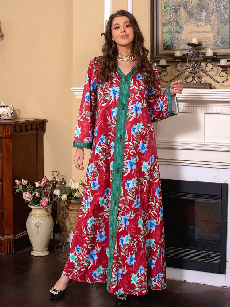 

Floral Abaya Muslim Long Dress Women Braided Lace Trimming Casual Gulf Jalabiya Muslim Ramadan Eid Kaftan Islam Clothing Spring