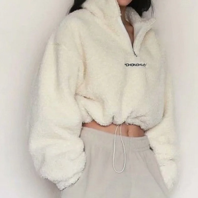 Флисовый пуловер из ягненка свитшот укороченный топ куртка на молнии новая