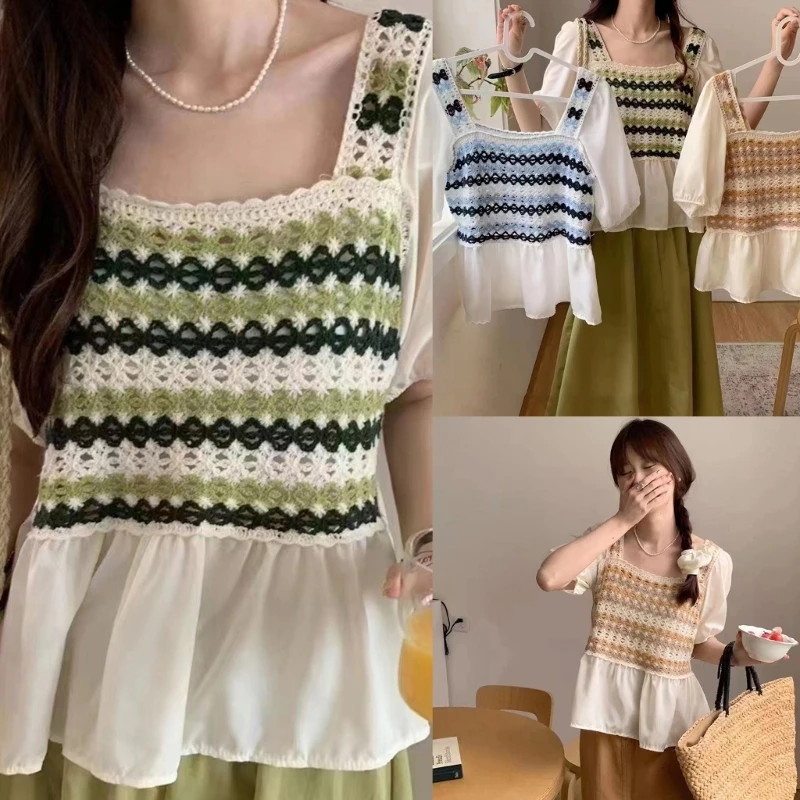

Knitted Top Vintage Strips Shirts Lace Sweet Style Tops for DAILY Office
