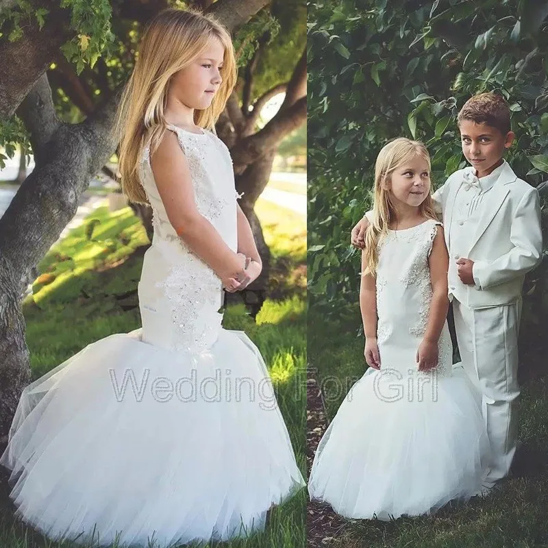 

Country Wedding White Mermaid Flower Girls Dresses Lace Applique Little Girls Pageant Dress Holy Formal Communion Tulle Skirts