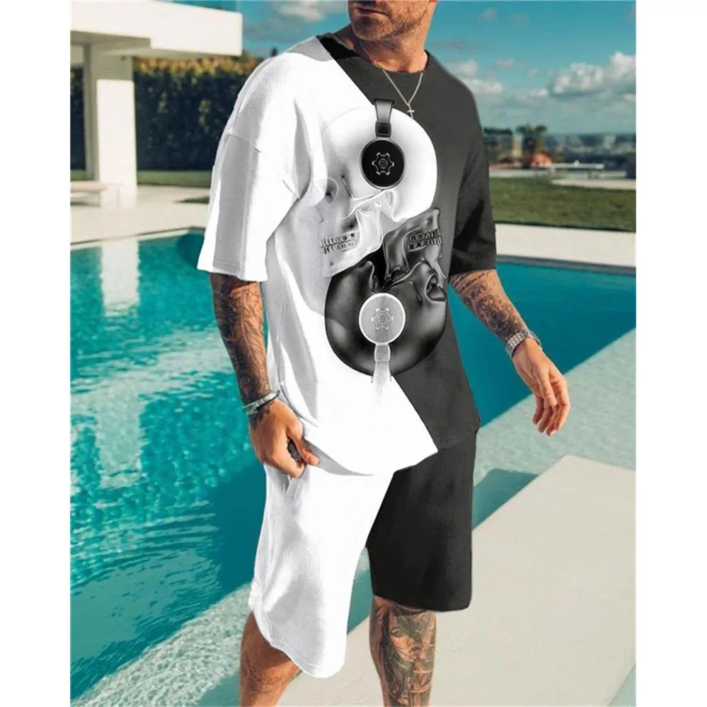 

Solid Men's Tracksuit 3D Print O-neck T-shirt Shorts Sets Fashion Short Sleeve 2 Piece Outfit Casual Sportswear Clothes for Men