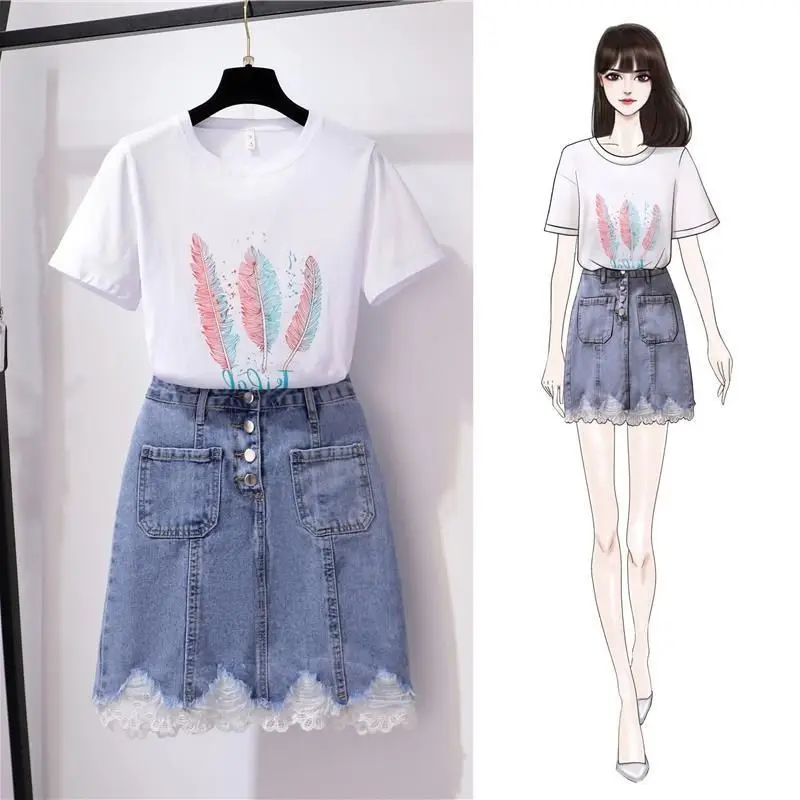 

Женский костюм, Новинка лета 2022, модные топы с принтом, футболка и узкие джинсы, короткая мини-юбка, комплект из 2 предметов, джинсовая Клубна...