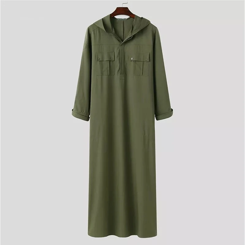 Solid Color Muslim Robes Men Long Sleeve Jubba Thobe Kaftan Arabia Dubai Abaya Islamic Clothing With Hooded Loose Musulman Homme