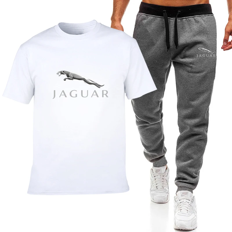 

Fashionable Summer Jaguar Logo Print Casual Men's T-shirt Set Cotton Short Sleeve High Quality Hip Hop T-shirt Pants Set Men