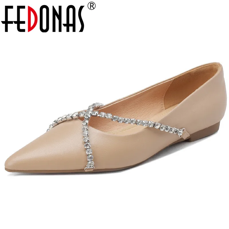 

FEDONAS Elegant Women Flats Spring Summer Fashion New Arrival Rhinestone Cross-Tied Genuine Leather Pointed Toe Shoes Woman