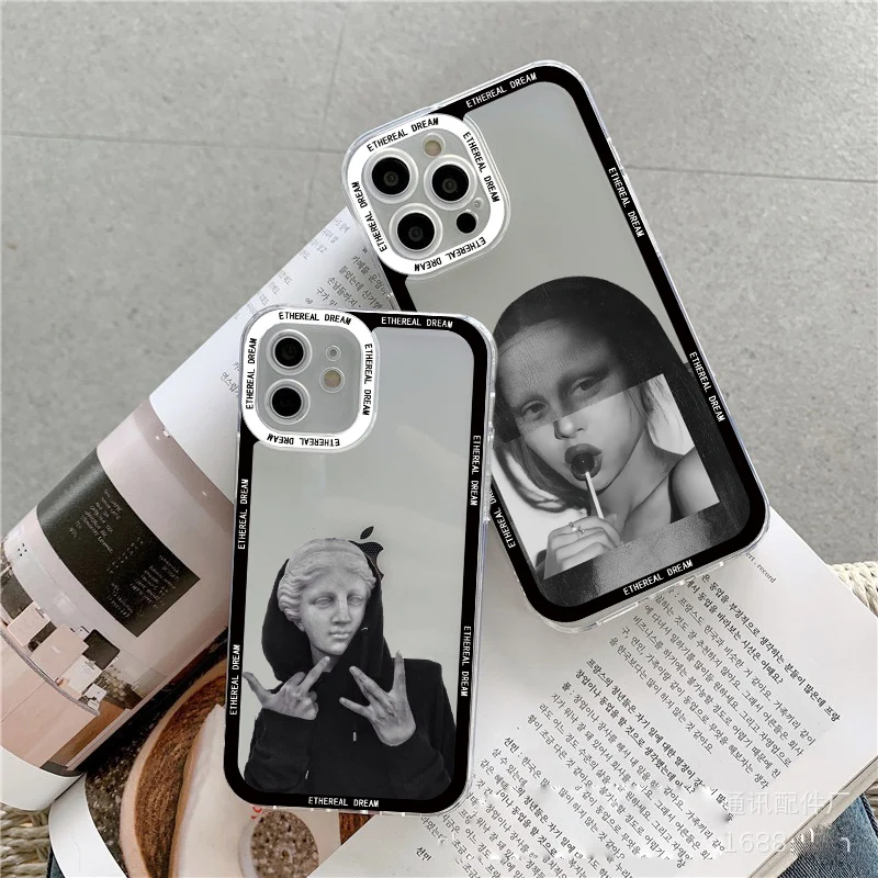 

Cartoon Art Aesthetic David Mona Lisa Clear Phone Case For iPhone 14 13 12 11 Pro Max XS X XR SE2 7 8 14 Plus Transparent Cover