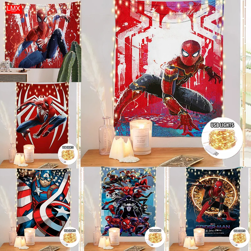 

Marvel Spiderman Tapestry with Lights Cartoon Avenger Computer Room Aesthetic Watercolor Wall Hanging Dorm Decor Cloth Blanket