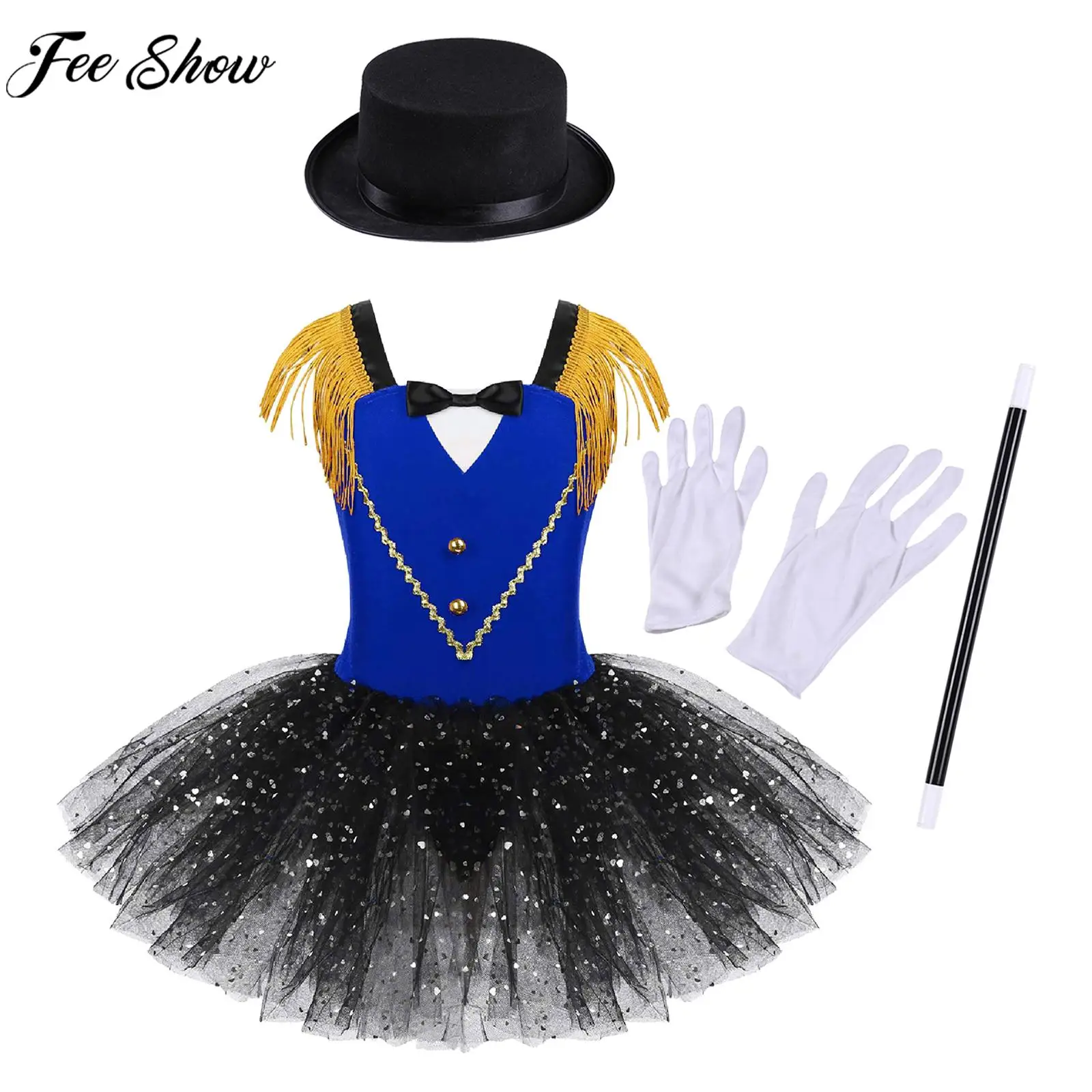 

Kids Girls Halloween Circus Ringmaster Cosplay Dress Tassel Bow Leotard Tutu with Hat Magic Wand Gloves for Theme Party Carnival