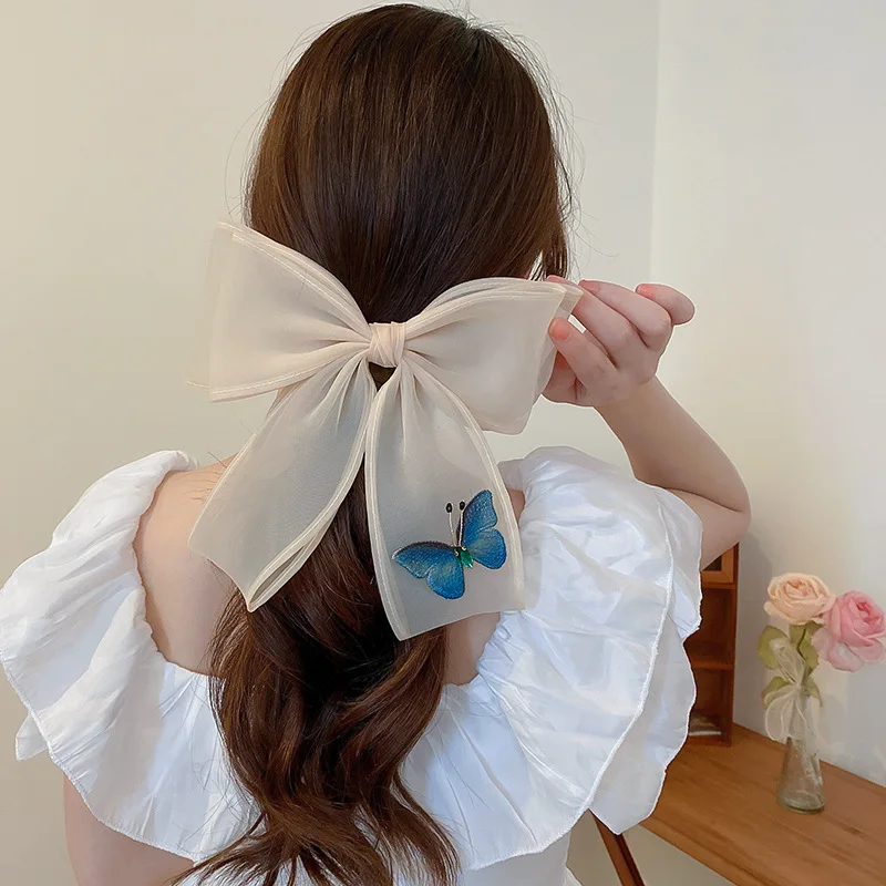 

2022 Summer Sweet Butterfly Mesh Hair Clip White Bow Knot Hair Barrettes for Women Ponytail Elegant Hairclip Hair Accessories