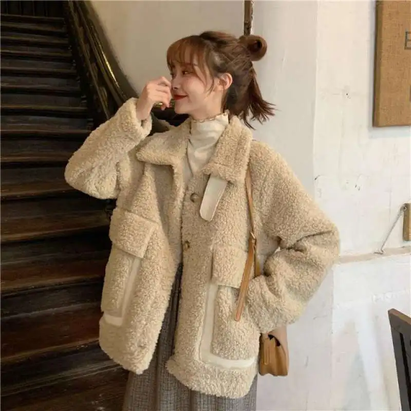 Korean Fashion Thick Wool Cashmere Coat Wool Fur Coat Stand-Up Collar Mori Female Lamb Wool Coat Female Winter College Style