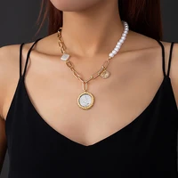 vintage pearl splicing chain with portrait coin pendant necklace for women asymmetrical chain necklace 2022 fashion neck jewelry