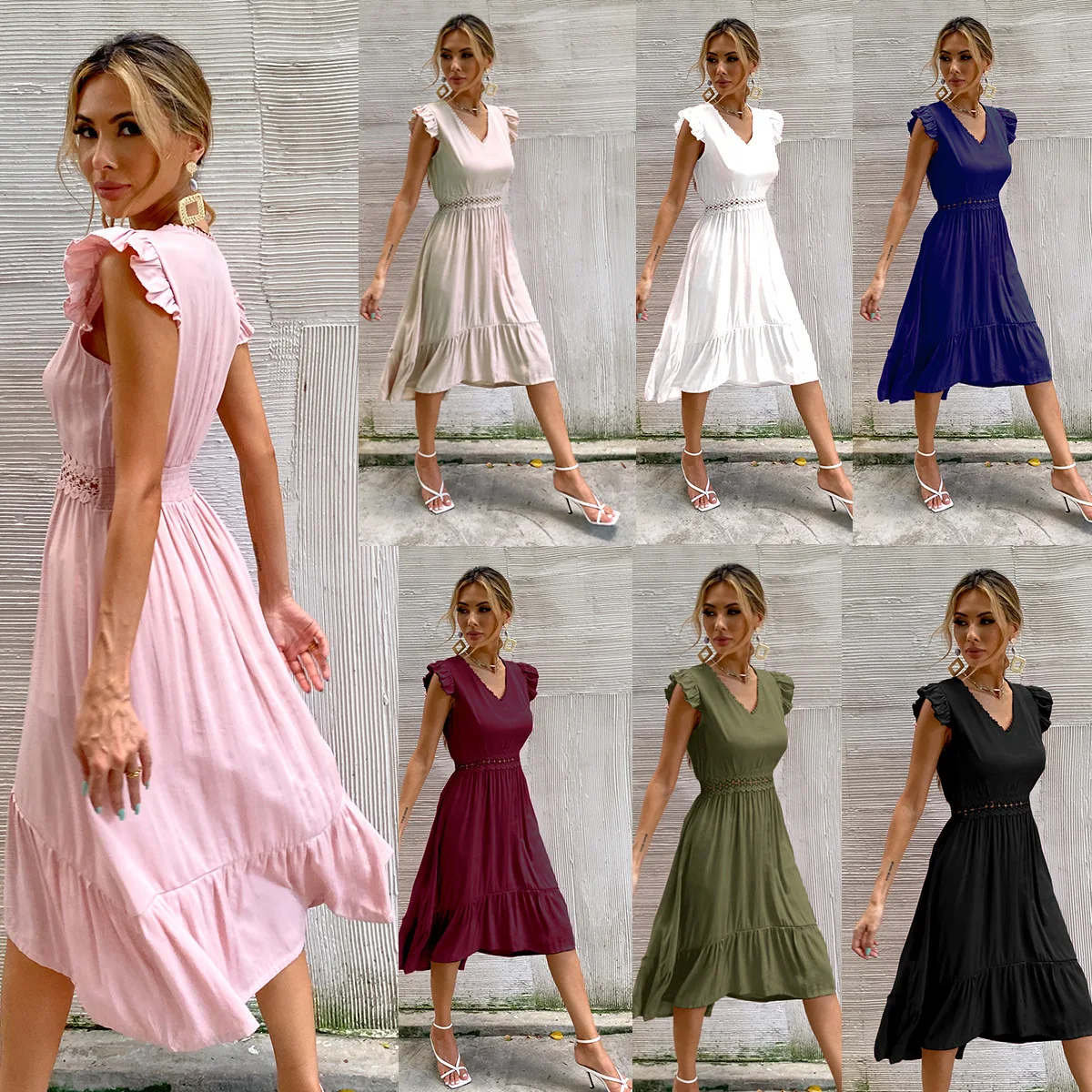 

Модное женское пляжное платье миди, летние платья 2022, однотонное белое платье с оборками, шикарное и элегантное женское платье