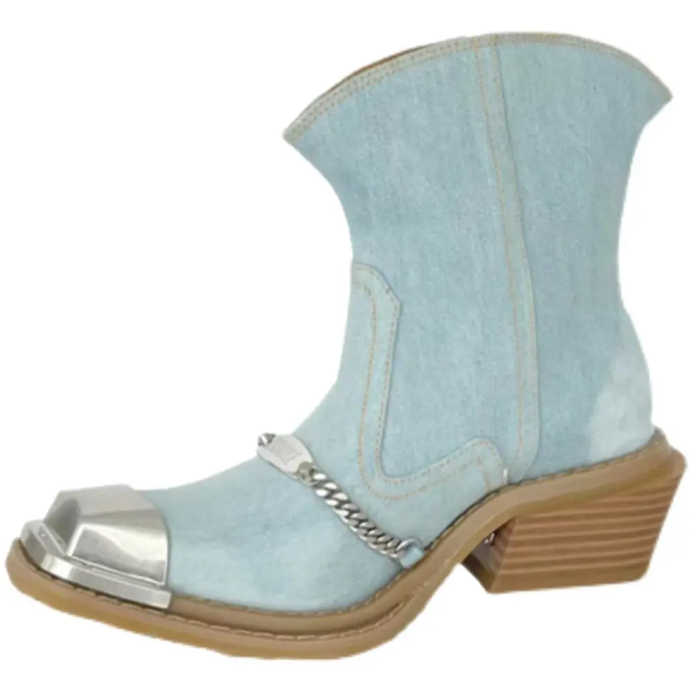 

AOSPHIRAYLIAN Vintage Cowboy Boots For Women 2022 Metal Decoration Women's Retro Denim Short Boot Punk Rock Metal Western Boots