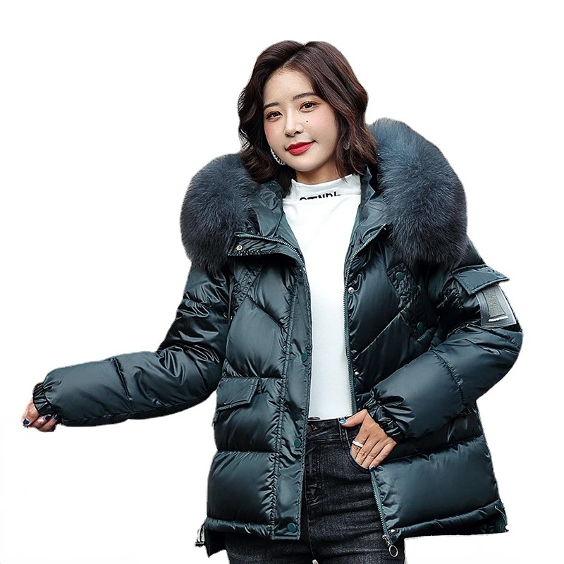 Bright Leather Cotton Coat Women's Winter Wear 2022 New Cotton Coat Wool Collar PU Cotton-padded Jacket Bread Clothing