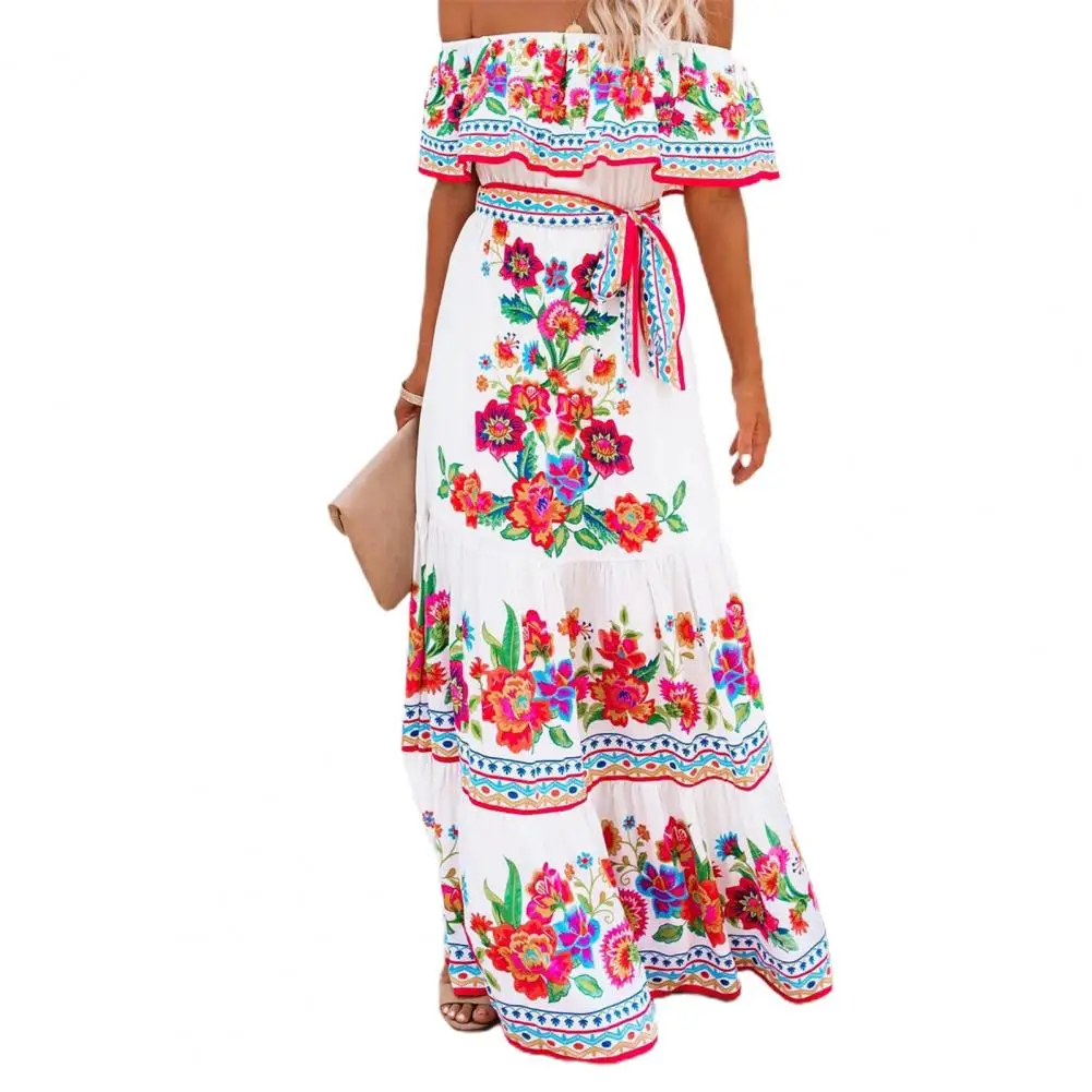 

National Style Long Dress Ruffle Long Length Ladies Floral Print Long Dress National Style Women Dress for Dating