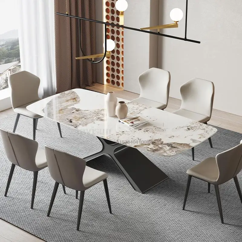 

Simplicity Light Luxury Wedding Dining Table Sets Indoor Furniture 7-Piece Marble Tabletop Kitchen Tables With 6 Cushion Chairs