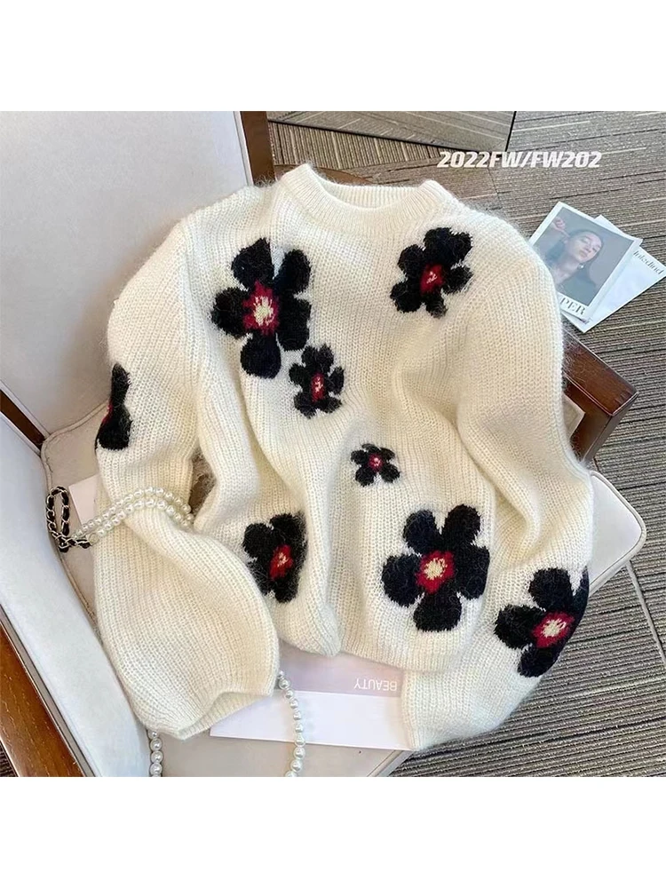 Autumn Winter Women New Crew-neck Vintage Floral Print Knitwear Jumper Baggy Long Sleeve Contrast Color Knitted Pullover Sweater
