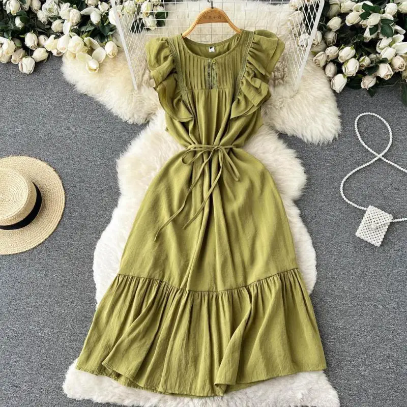 

WEIHAOBANG 2022 Summer Women's New Solid Color Round Neck Short Sleeve Lace Up High Waist Loose Dress Medium Length A-line Skirt
