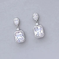 luxury princess cut square white cubic zirconia earrings elegant hand inlaid crystal wedding engagement bridal dangle earrings