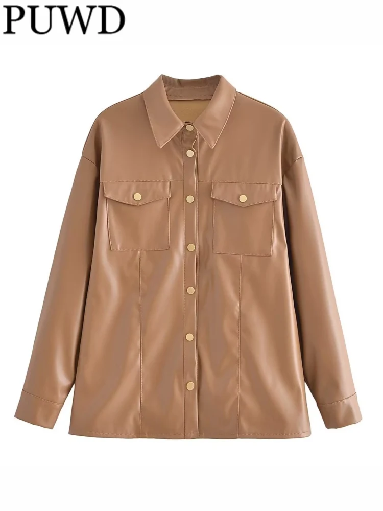 

PUWD Women Single Breasted Faux Leather Shirt Jacket 2022 Fall/Winter 0Coat Vintage Patch Pockets Female Outerwear Chic Tops
