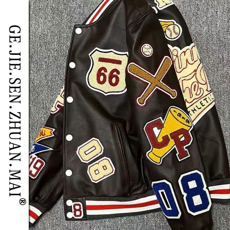 Men's spring and autumn baseball uniform men's handsome trendy leather jacket heavy industry embroidery white short coat ins hot