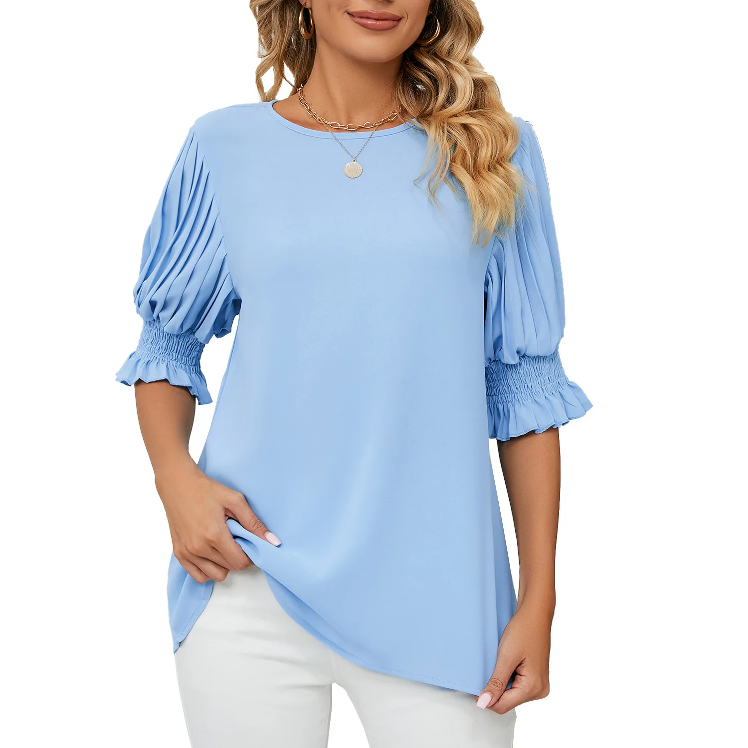 Women's Clothing 2023 New Solid Color Round Neck Ruffled Princess Sleeves Loose Chiffon Top Women Blouse Women