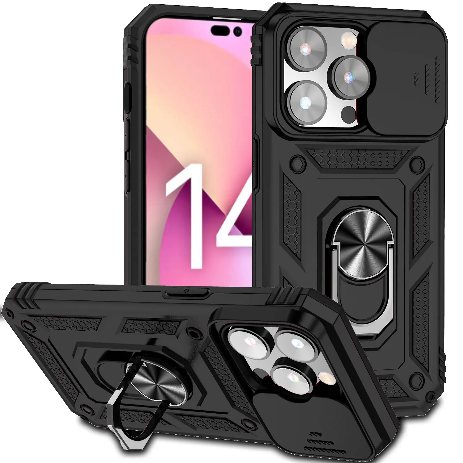 

Army Push Window Shockproof Phone Case For iPhone 14 13 12 11 Pro Max X R XS 7 8 Plus Magnetic Ring Holder Military Rugged Cover