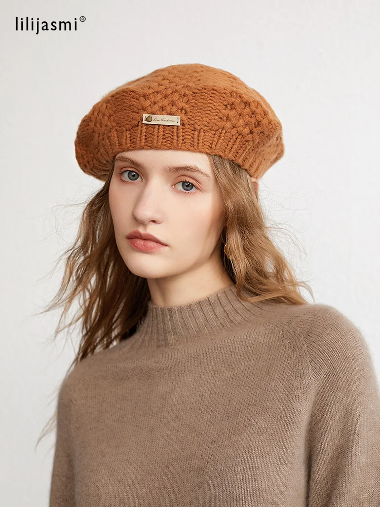 2022 Women Heavy 100% Pure Cashmere Hade Made Crochet Beret Thick Yarn Cap Casual Hat Warm Soft Comfy Beanies Real Pushmina