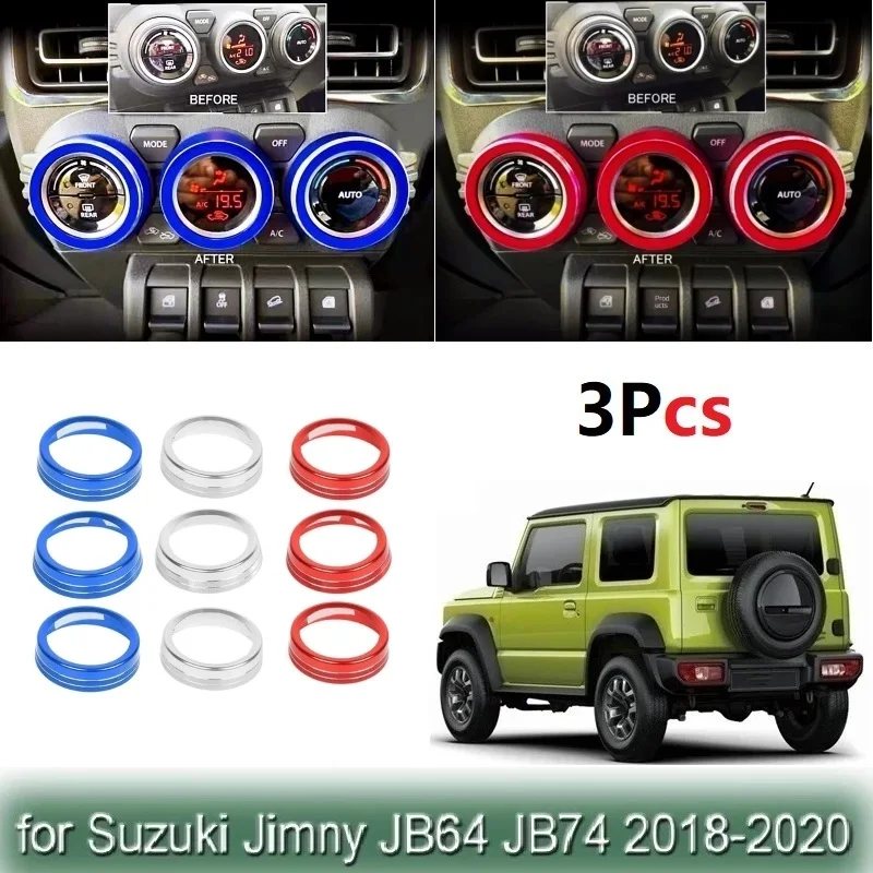 

3PCS Aluminum Alloy Car Air Conditioning Switch Knob Trim Cover Ring For Suzuki Jimny JB64 JB74 2018-2021 Interior Accessories