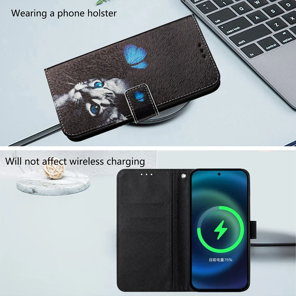 Coloured Drawing Wallet Case for iPhone SE4 SE3 SE 8 7 6 6S Plus 16 Pro Max Shockproof Stand Card Holder Strap Flip Phone Cover