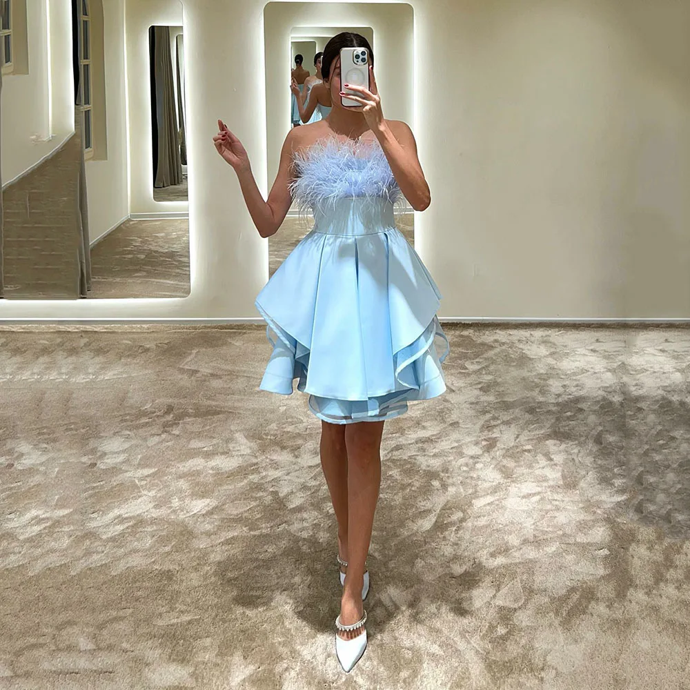 

Short Sky Blue Satin Prom Dresses For Cocktail Party Strapless With Feathers Pleats Ruffles Layered Mini Homecoming Gowns