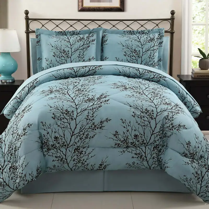 

Leaf 8-Piece Blue/Chocolate Branch Polyester Reversible Bed in a Bag, Queen High Quality Skin Friendly Bedding Set