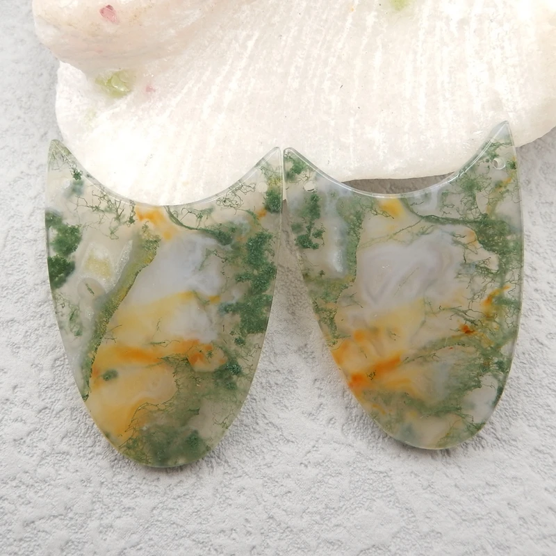 

Birthday Gift，Natural Moss Agate fashion woman Double Hole Earring Beads 36x26x3mm11.2g