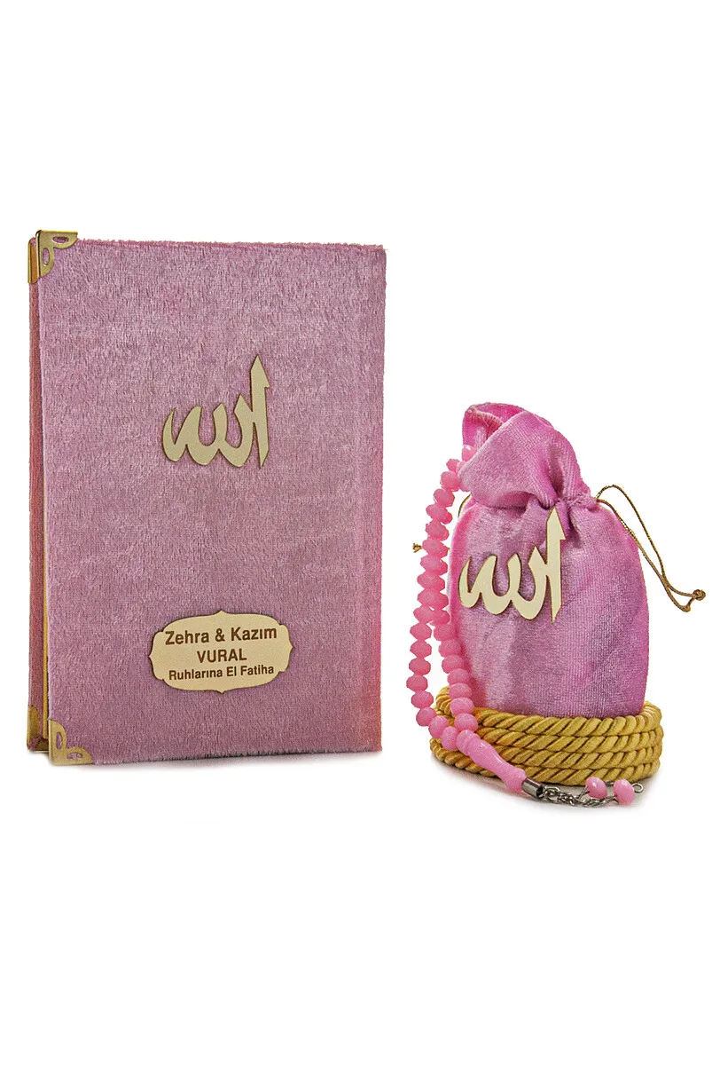 

IQRAH Pleksiye Custom Name Printed Velvet Lined Marsupials Rosary Yasin Book Bag Size Pink 128 Page