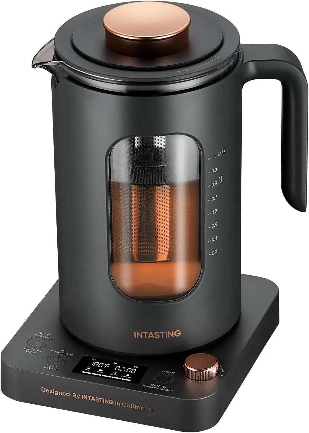 

INTASTING Wide Opening Glass Kettle with Tea Infuser, 9 Smart Presets, Auto Memory, Mute, 1200W Fast Heating, BPA-Free, Easy to